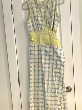 Sleeveless Polka Dot Wrap Midi Dress in Blue and Cream with Yellow Waist